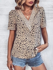 Full Size Printed V-Neck Short Sleeve Blouse - Trendsi