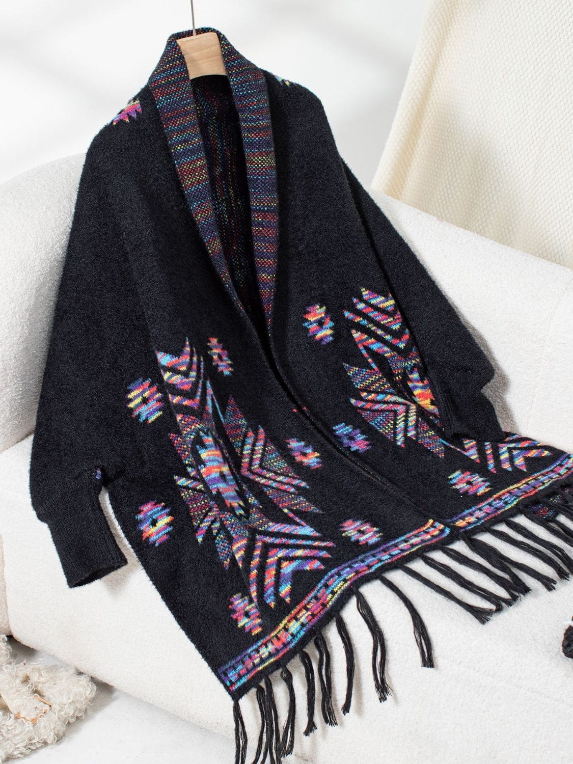 Fringe Geometric Open Front Long Sleeve Cape - Trendsi
