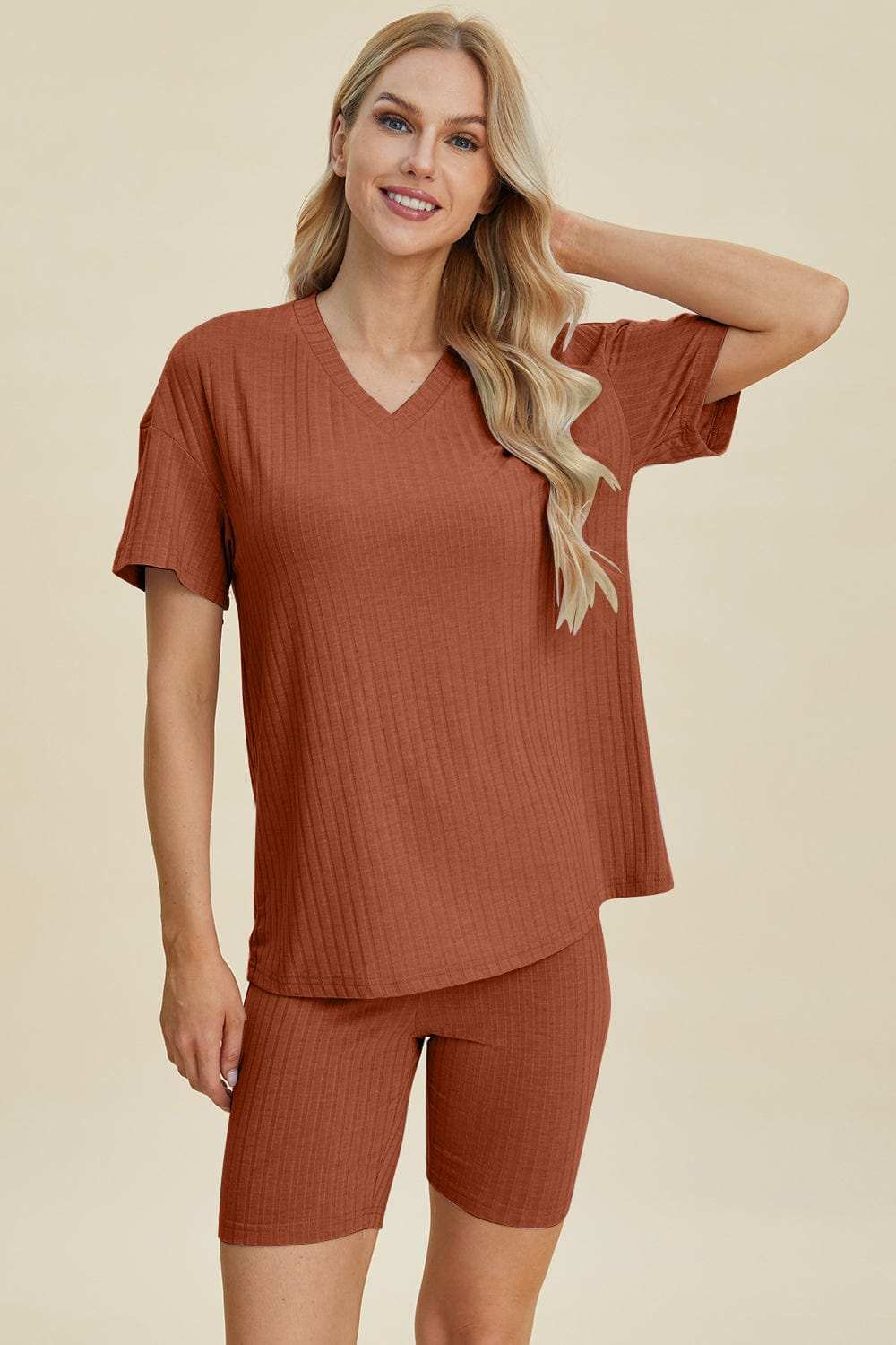Basic Bae Full Size Ribbed V-Neck Short Sleeve Top and Shorts Set - Trendsi - Flyclothing LLC