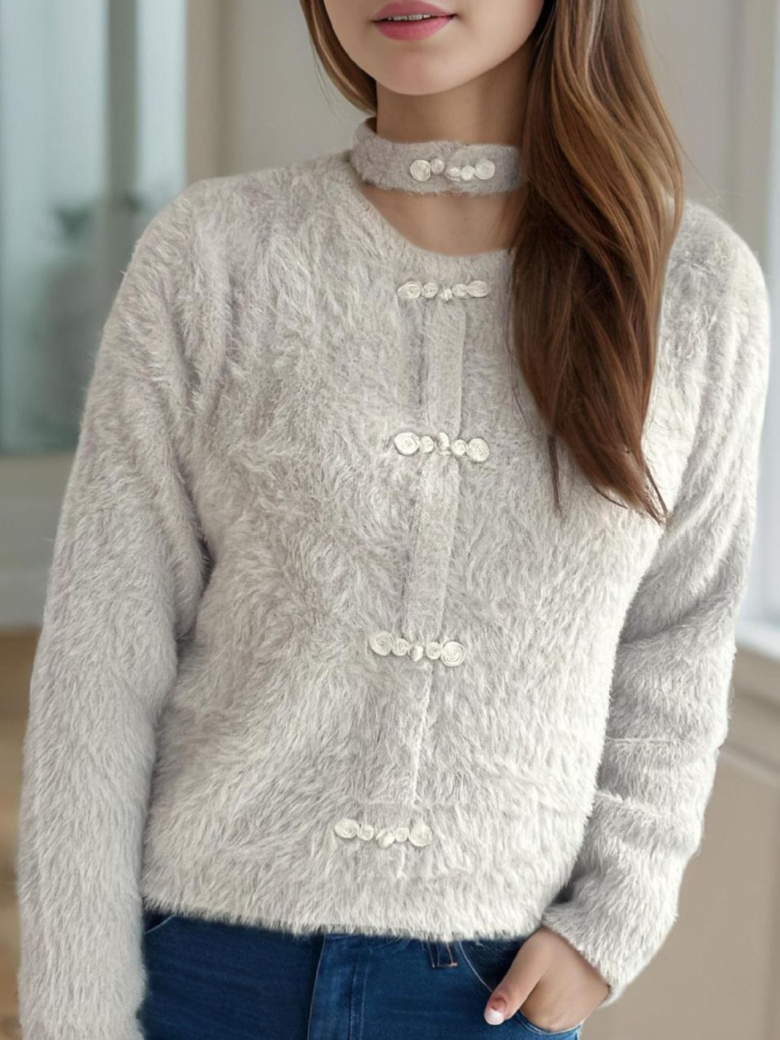 Cutout Knot Button Long Sleeve Cardigan - Trendsi