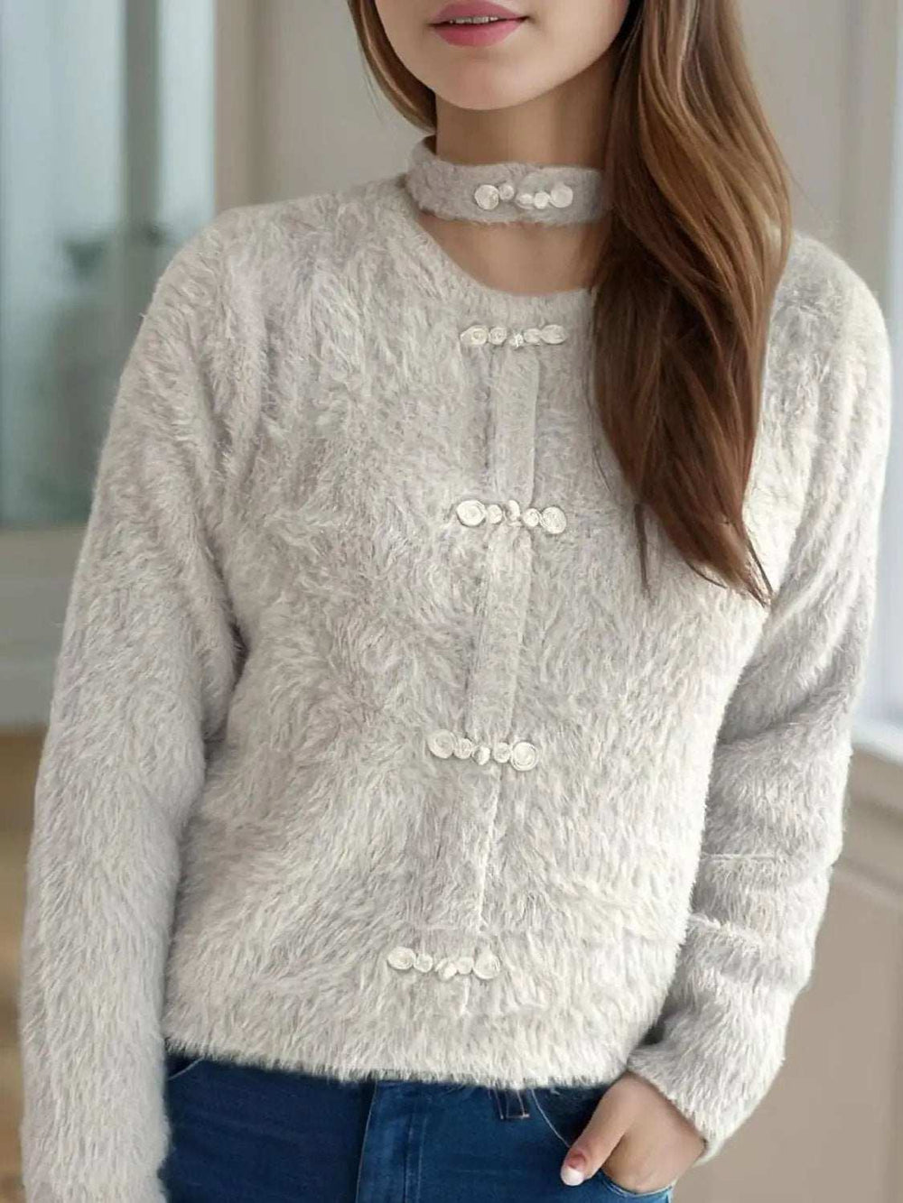 Cutout Knot Button Long Sleeve Cardigan - Trendsi - Flyclothing LLC