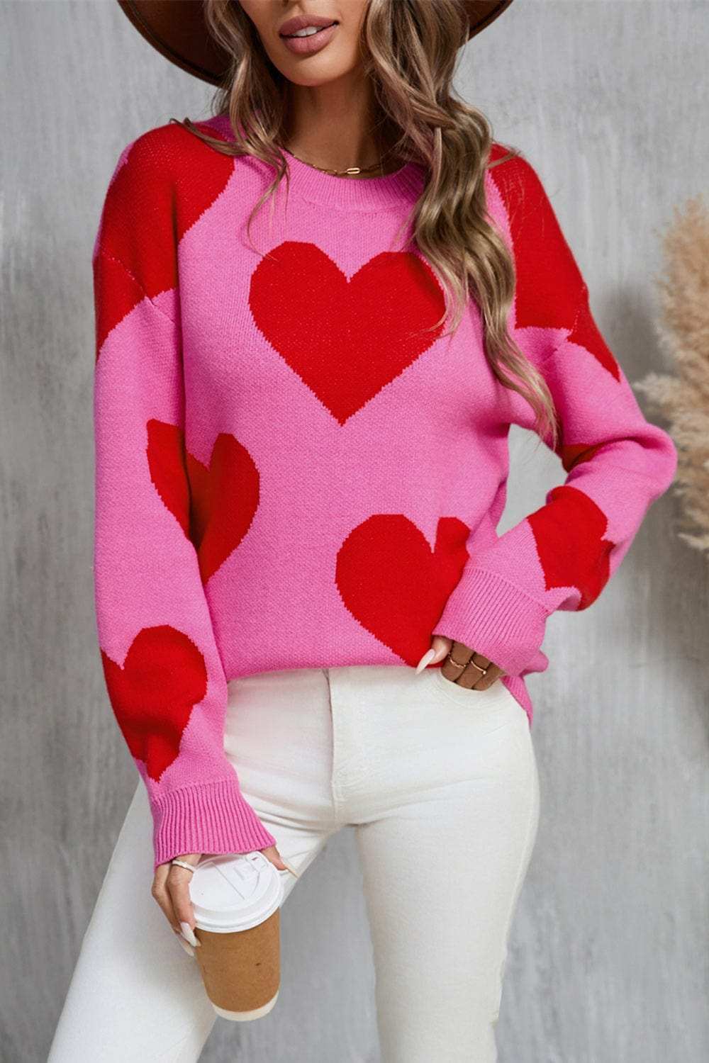 Angel Wings Contrast Heart Dropped Shoulder Long Sleeve Sweater - Trendsi - Flyclothing LLC
