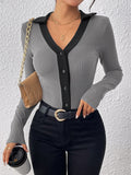 Perfee Contrast Trim Johnny Collar Long Sleeve Bodysuit - Trendsi