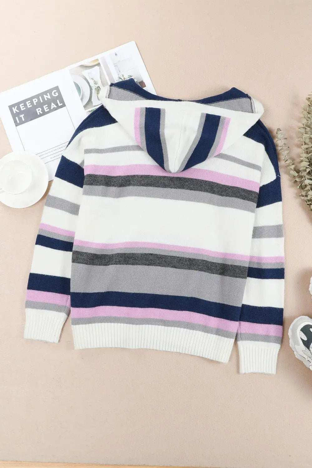 Plus Size Striped Long Sleeve Hooded Sweater - Trendsi - Flyclothing LLC