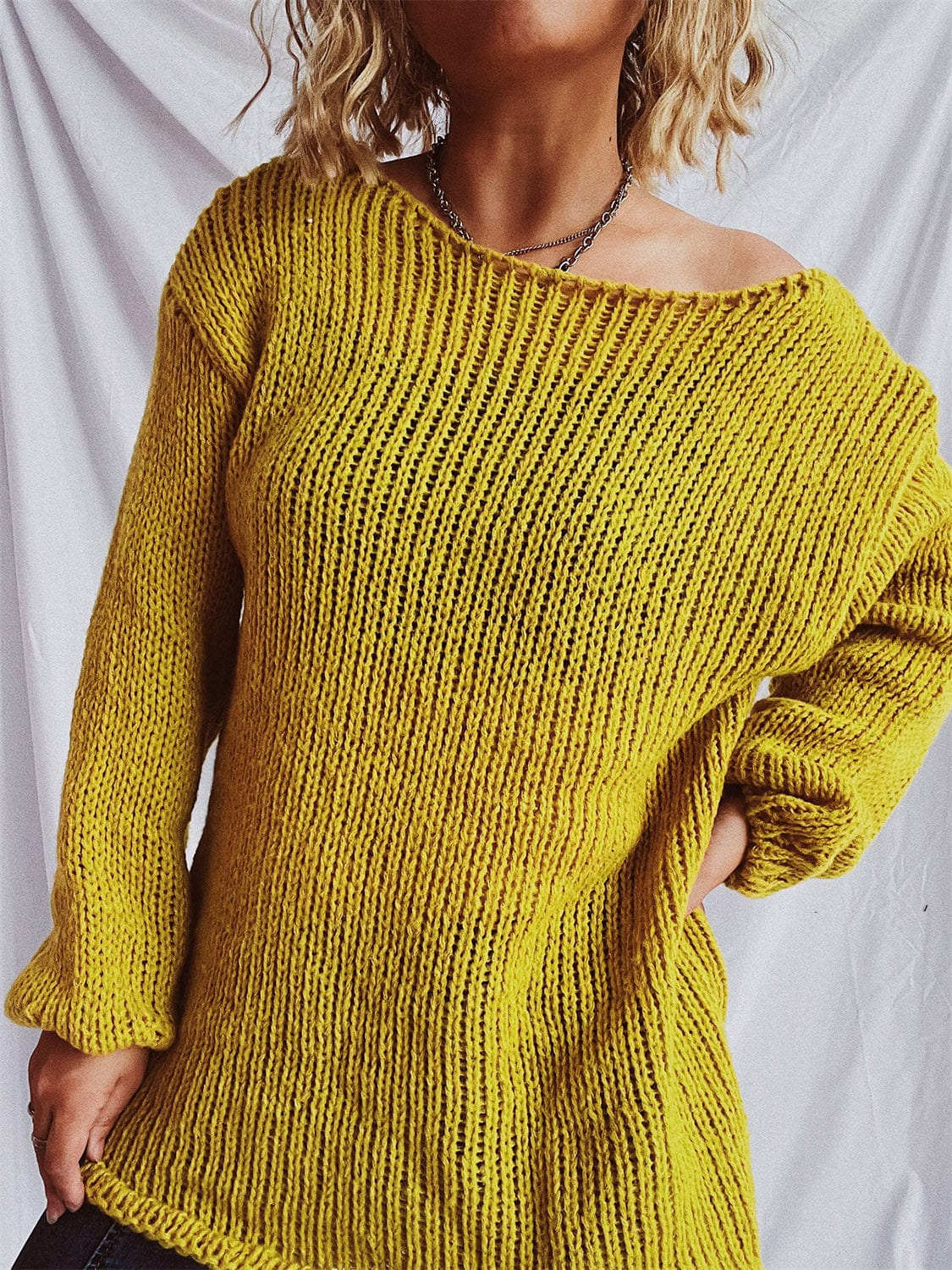 Boat Neck Dropped Shoulder Sweater - Trendsi