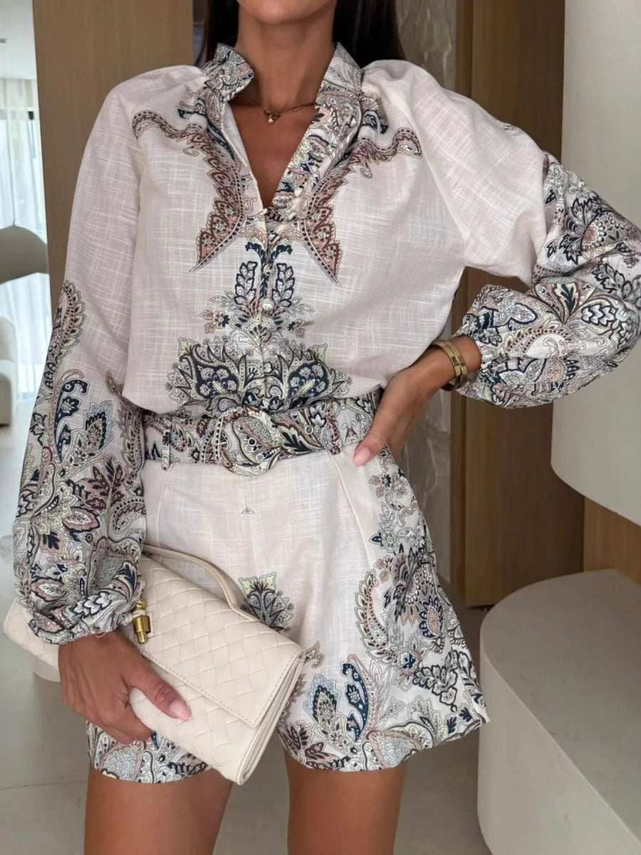 Printed Long Sleeve Shirt and Shorts Set - Trendsi - Flyclothing LLC