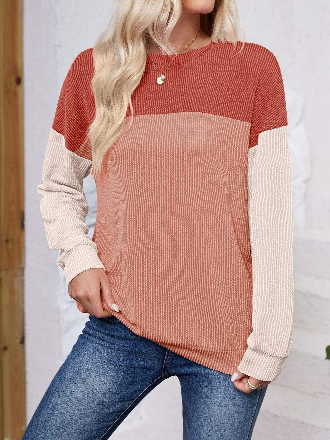 Color Block Round Neck Long Sleeve Sweatshirt - Trendsi - Flyclothing LLC