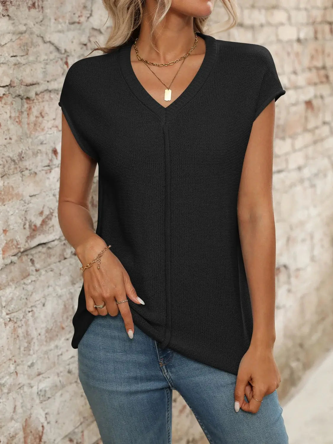 V-Neck Short Sleeve Knit Top - Trendsi - Flyclothing LLC
