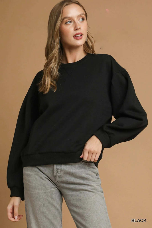 Umgee Round Neck Sweatshirt with Pleated Detail - Trendsi - Flyclothing LLC