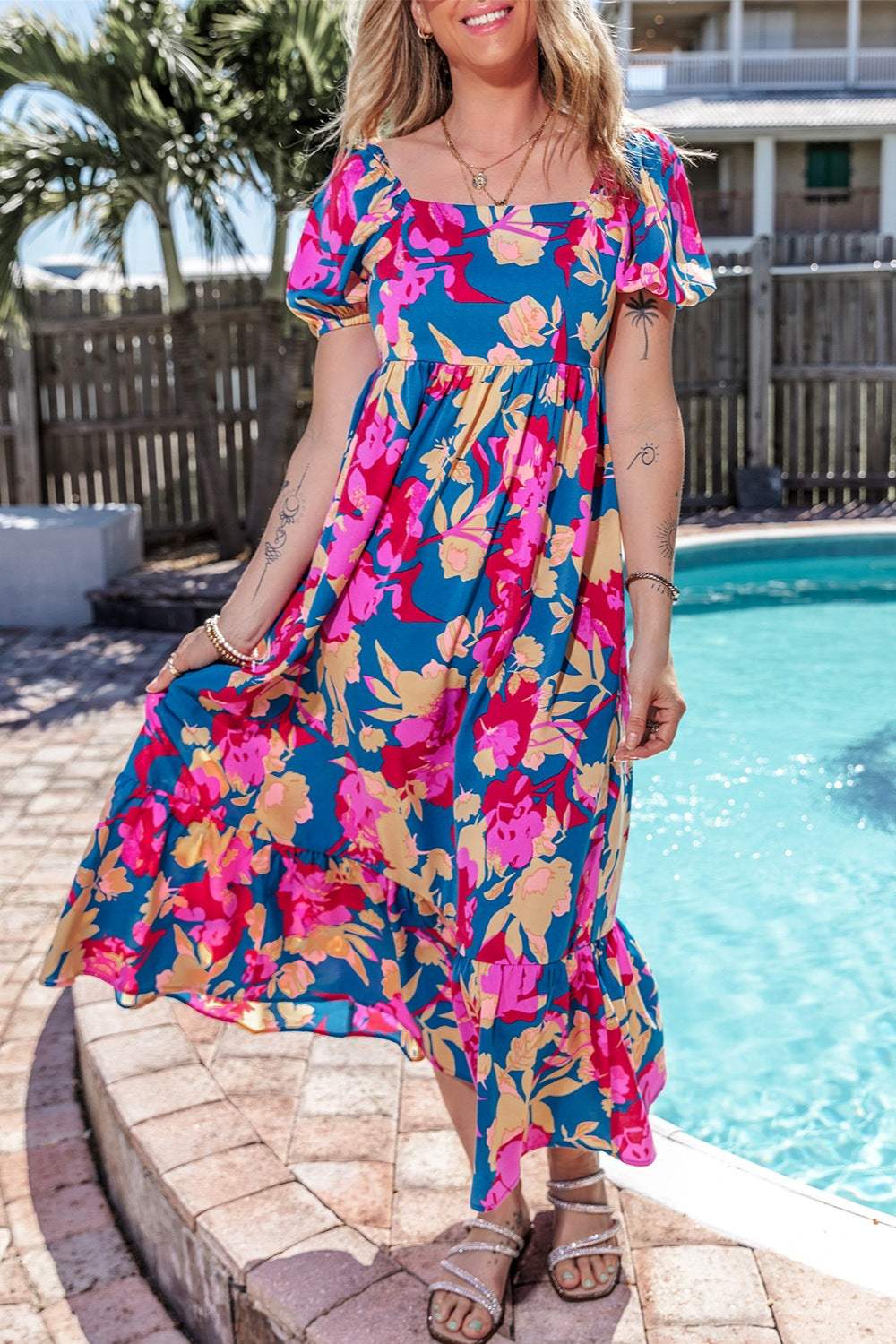 Printed Square Neck Short Sleeve Midi Dress - Trendsi - Flyclothing LLC