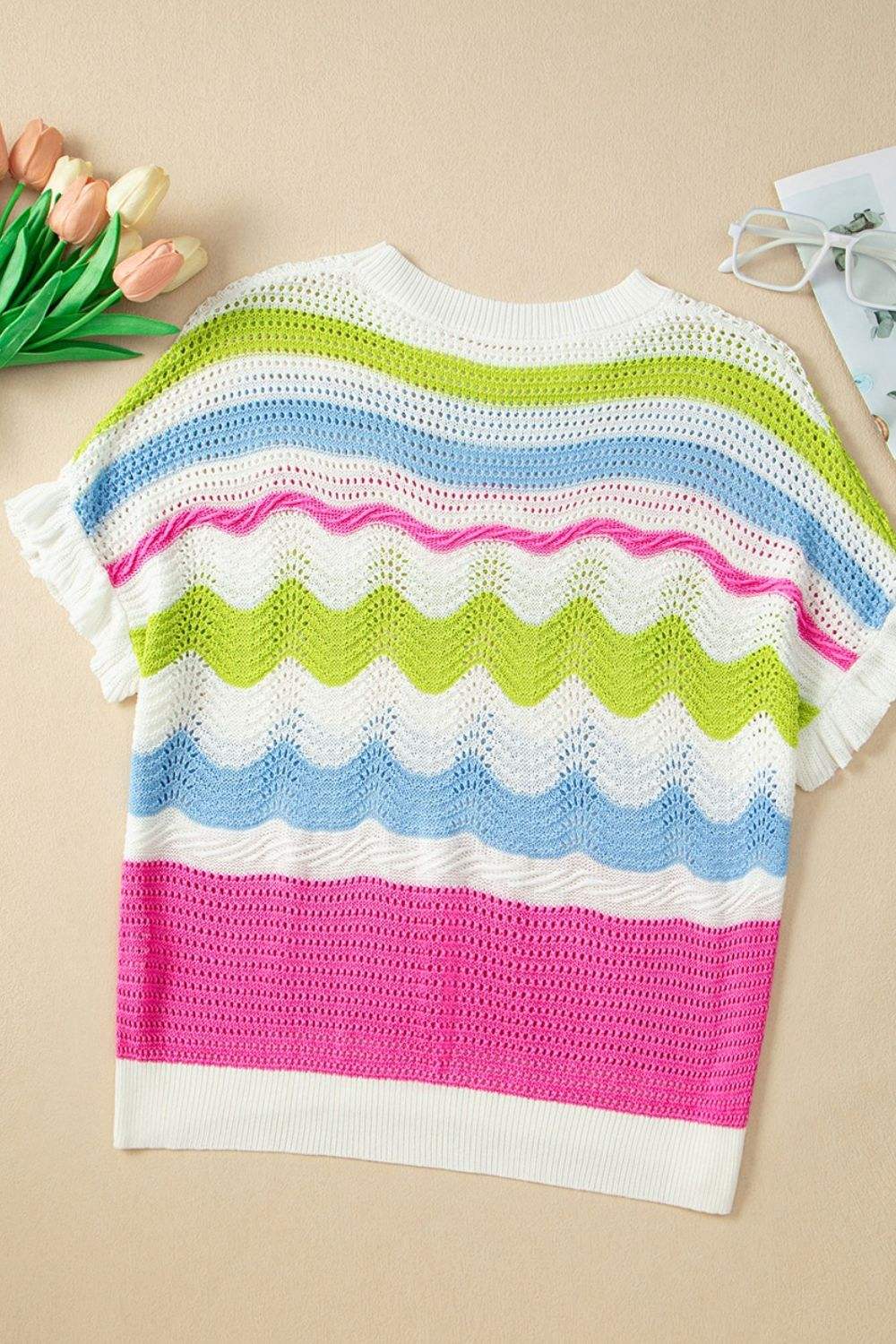 Color Block Crochet Ruffled Short Sleeve Knit Top - Trendsi - Flyclothing LLC