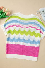 Color Block Crochet Ruffled Short Sleeve Knit Top - Trendsi - Flyclothing LLC