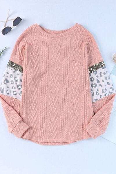 Sequin Leopard Round Neck Long Sleeve Sweater - Trendsi - Flyclothing LLC