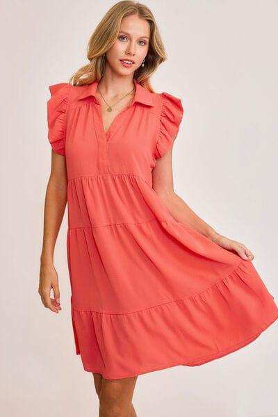Umgee Full Size Johnny Collar Ruffle Cap Sleeve Tiered Dress Plus Size - Trendsi - Flyclothing LLC