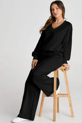 V-Neck Long Sleeve Top and Pants Active Set - Trendsi - Flyclothing LLC