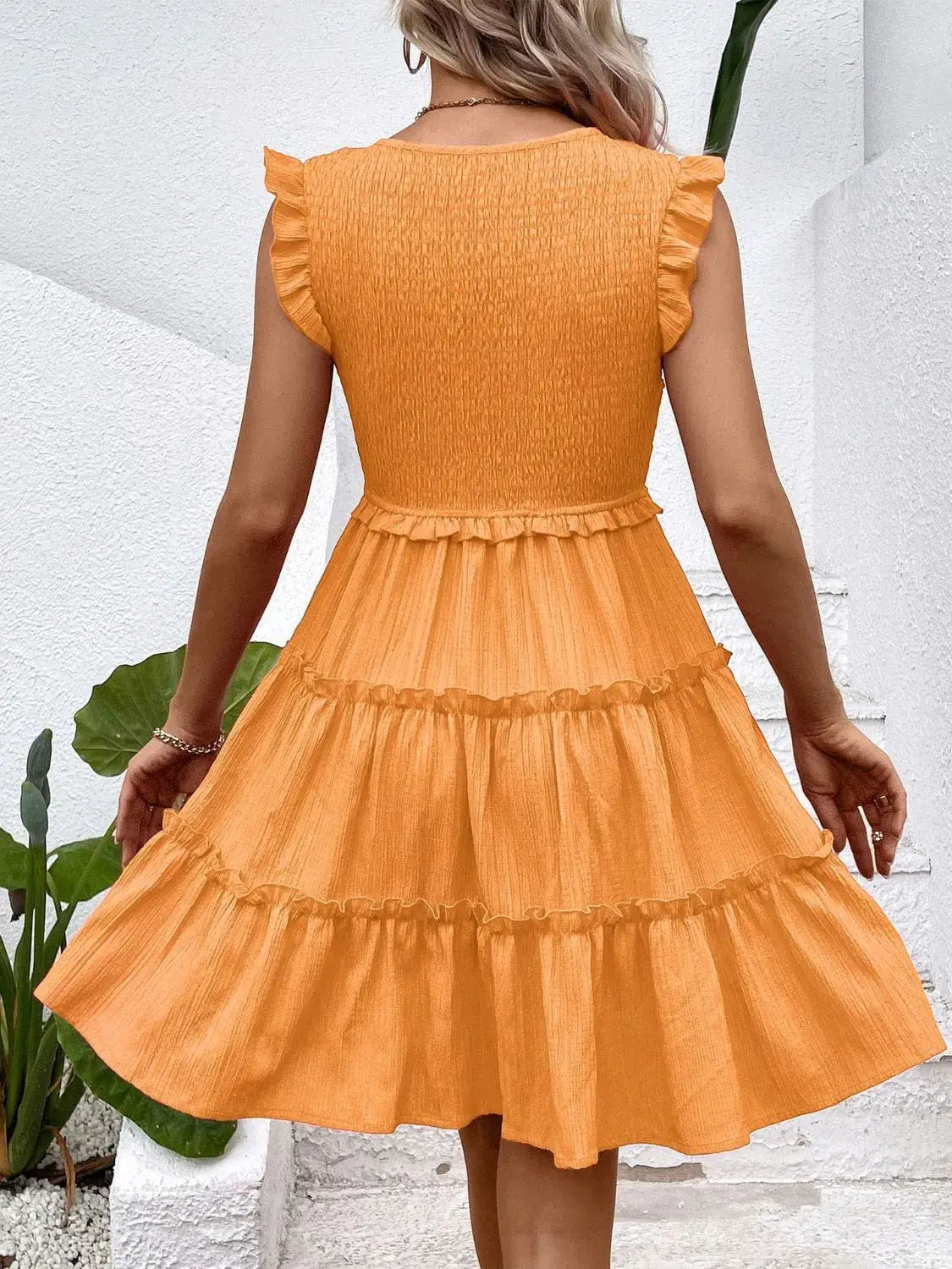 Ruffled V-Neck Cap Sleeve Dress - Trendsi - Flyclothing LLC