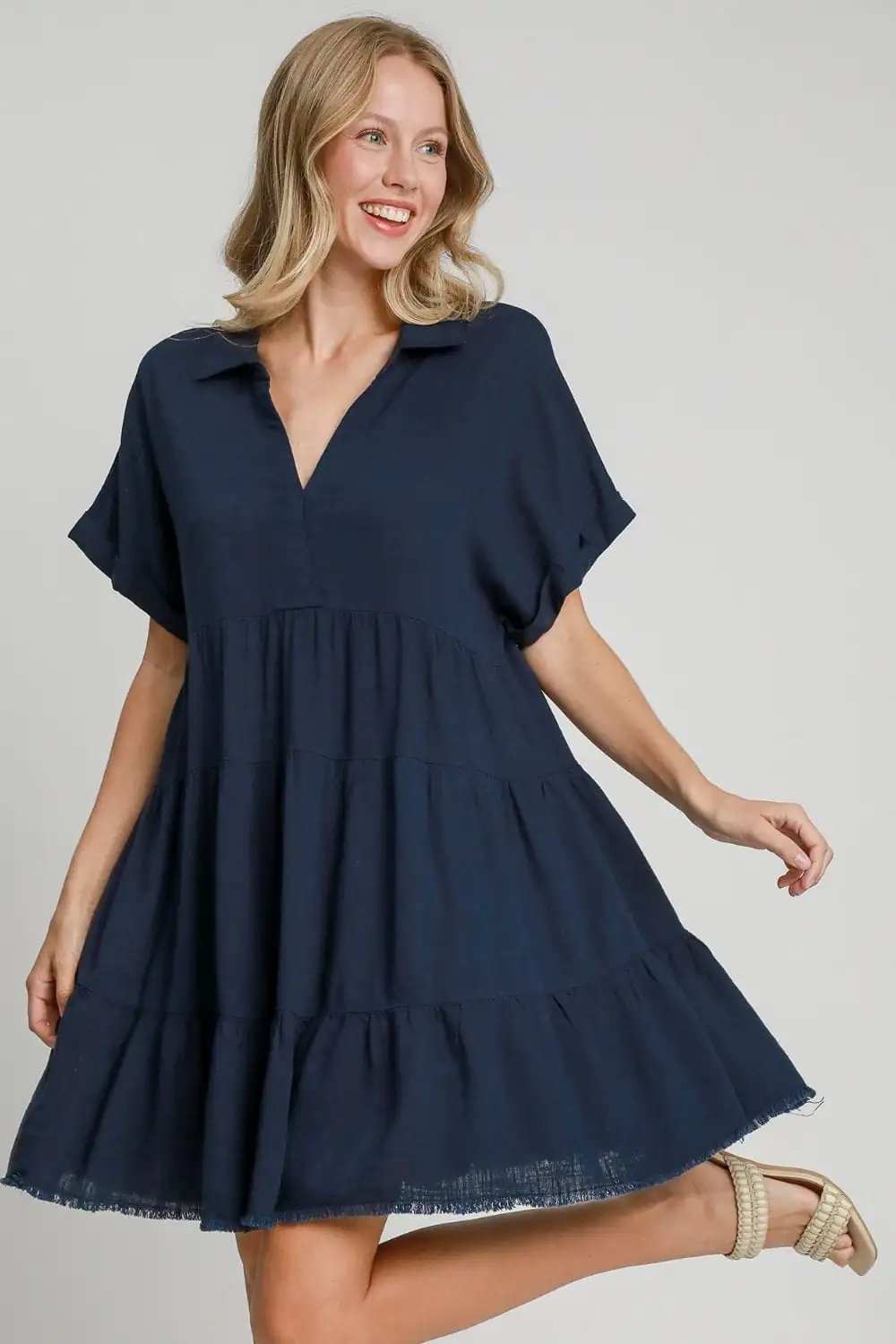 Umgee Full Size Raw Hem Folded Sleeve Tiered Dress Plus Size - Trendsi - Flyclothing LLC