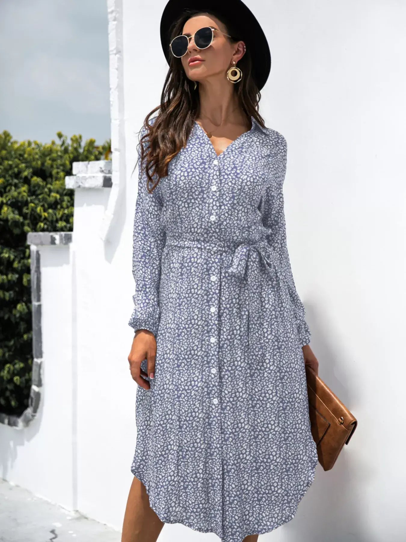 Button Down Printed Long Sleeve Shirt Dress - Trendsi - Flyclothing LLC