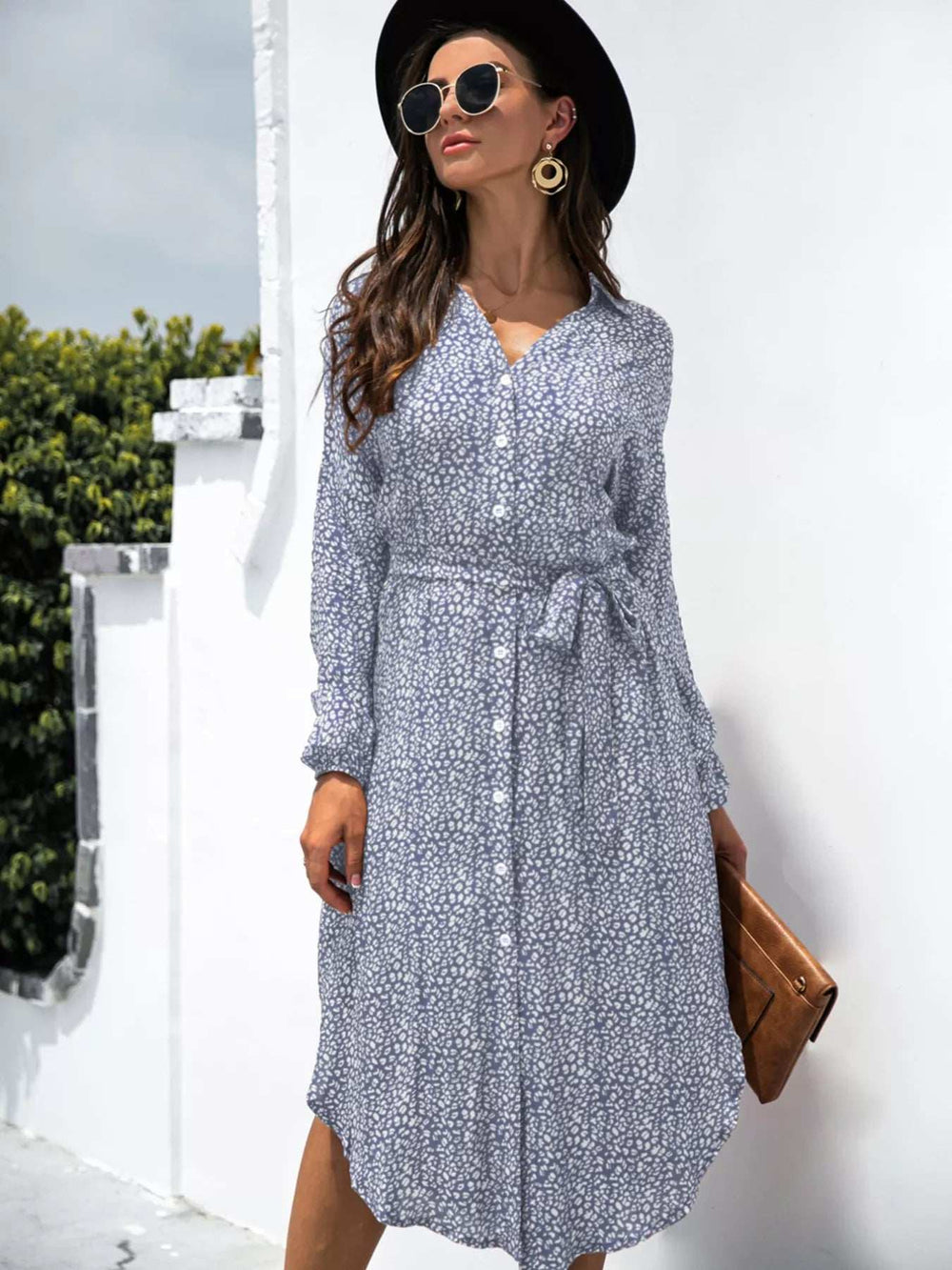 Button Down Printed Long Sleeve Shirt Dress - Trendsi - Flyclothing LLC