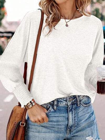 Round Neck Smocked Lantern Sleeve T-Shirt - Trendsi - Flyclothing LLC