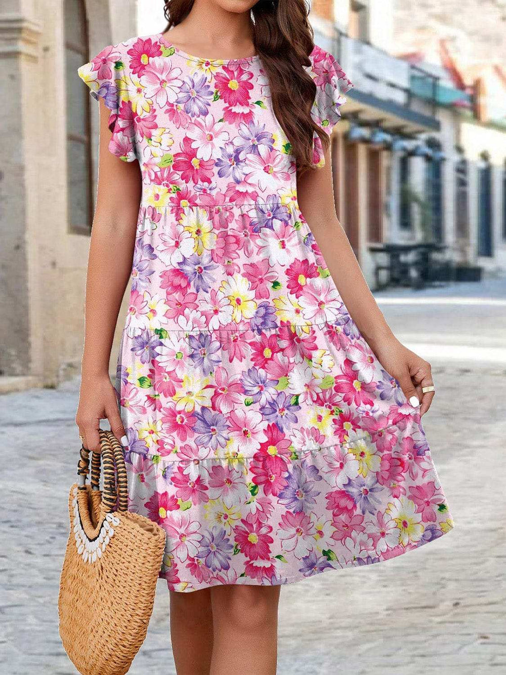 Printed Round Neck Tiered Dress - Trendsi - Flyclothing LLC