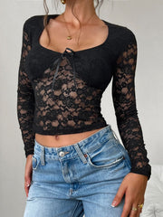 Devine Scoop Neck Long Sleeve Lace Top - Trendsi