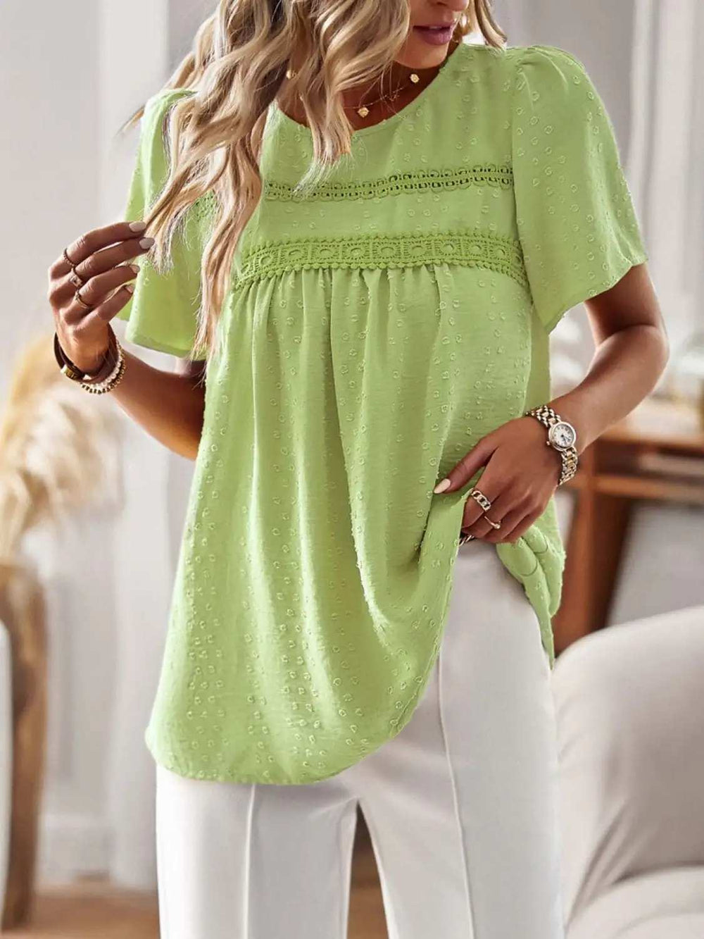 Lace Detail Round Neck Short Sleeve Blouse - Trendsi - Flyclothing LLC