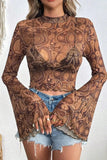 Printed Mock Neck Flare Sleeve Top - Trendsi