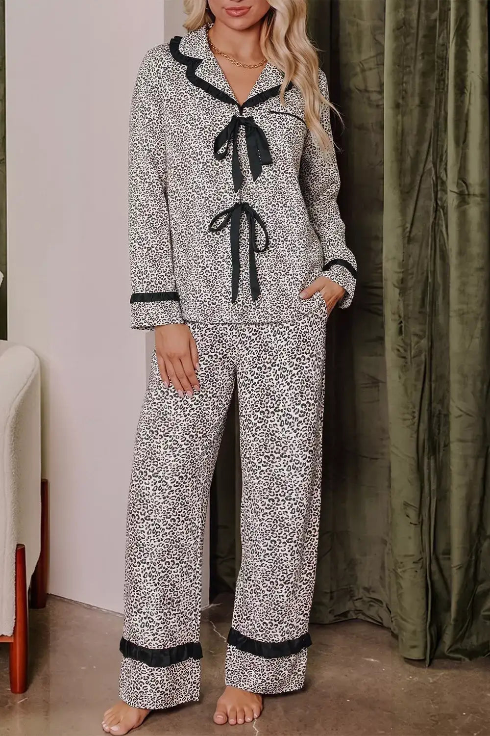 Leopard Print Bow Knot Patchwork Long Sleeve Lounge Set - Trendsi - Flyclothing LLC