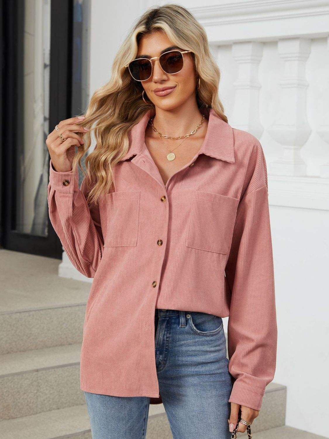 Button Up Dropped Shoulder Long Sleeve Outerwear - Trendsi - Flyclothing LLC