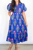 Floral Puff Short Sleeve Notched High Waist Dress - Trendsi