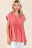 Mittoshop Mixed Media Mineral Wash Babydoll Short Sleeve Blouse - Trendsi