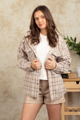 Drawstring Plaid Long Sleeve Hooded Jacket - Trendsi