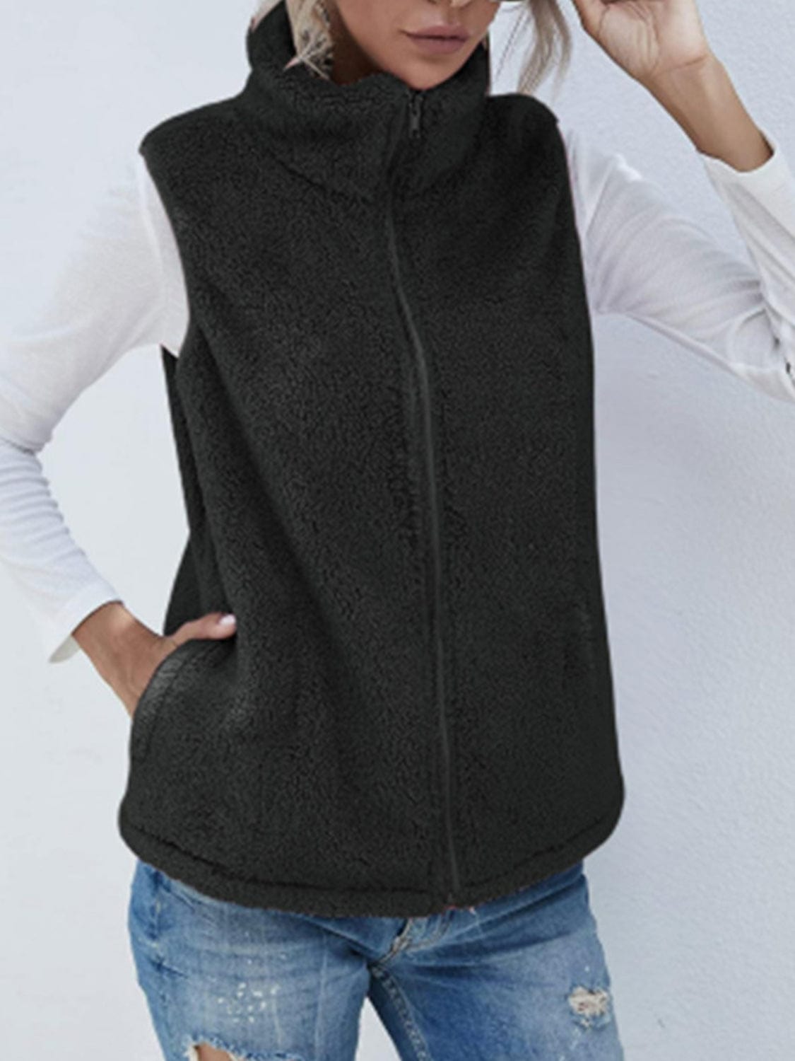 Full Size Fuzzy Zip Up Vest Coat with Pockets - Trendsi