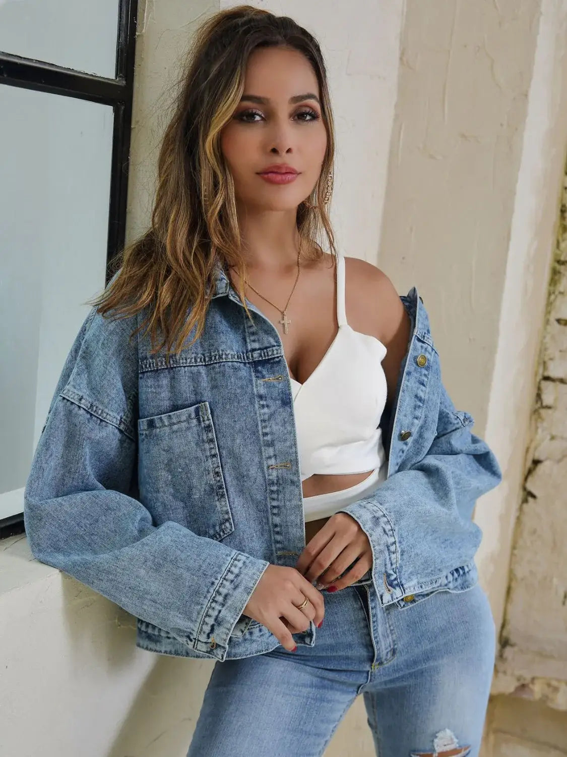Button Down Drop Shoulder Denim Jacket - Trendsi - Flyclothing LLC