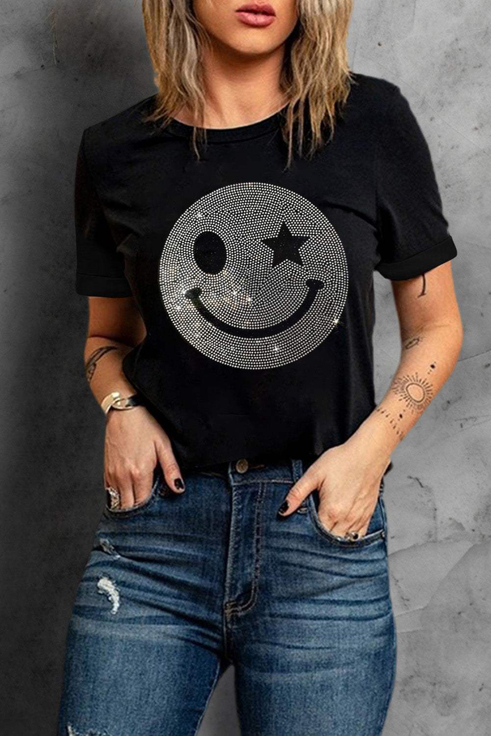 Rhinestone Smiley Round Neck Short Sleeve T-Shirt - Trendsi - Flyclothing LLC