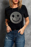 Rhinestone Smiley Round Neck Short Sleeve T-Shirt - Trendsi - Flyclothing LLC