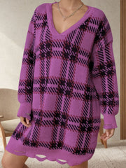 Distressed Plaid V-Neck Long Sleeve Sweater Dress - Trendsi