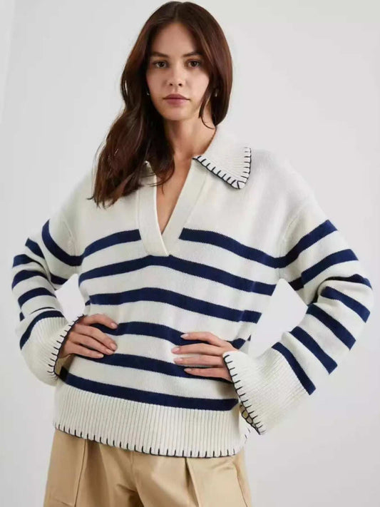 Striped Johnny Collar Sweater - Trendsi - Flyclothing LLC