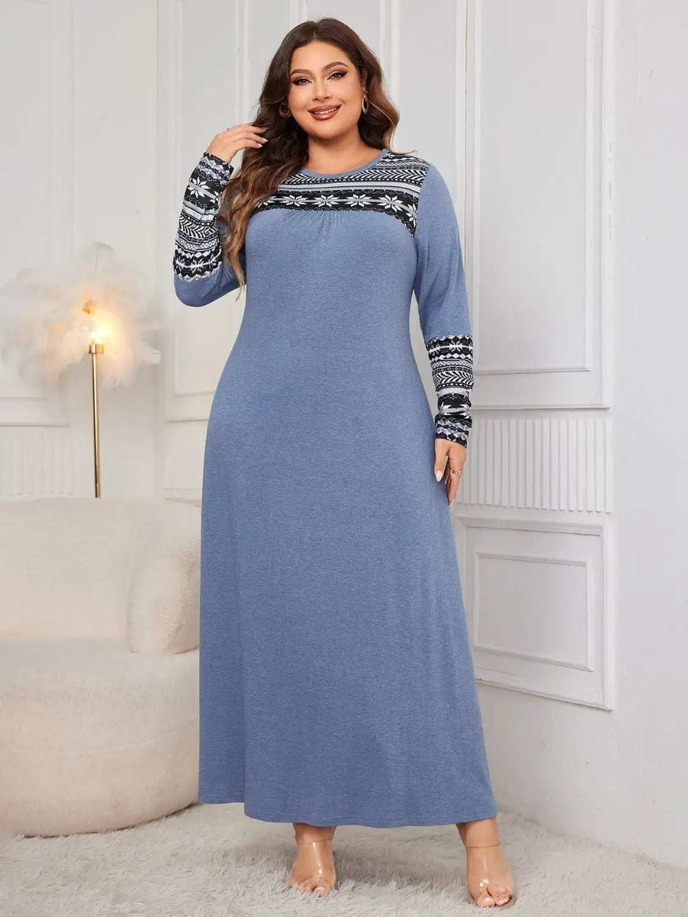Plus Size Printed Round Neck Long Sleeve Dress - Trendsi - Flyclothing LLC