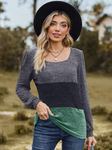 Color Block Square Neck Long Sleeve T-Shirt - Trendsi - Flyclothing LLC