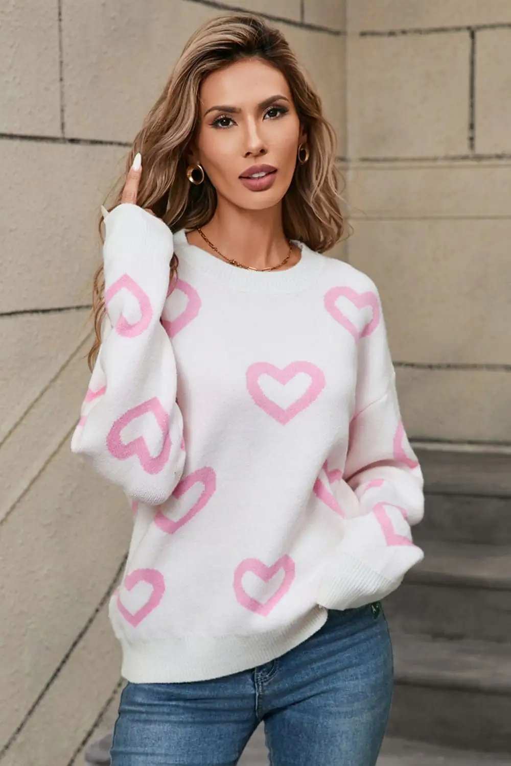 Angel Wings Heart Round Neck Dropped Shoulder Long Sleeve Sweater - Trendsi - Flyclothing LLC