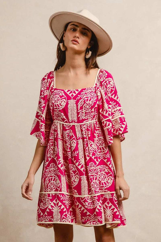 BiBi Aztec Woven Printed Contrast Binding Dress - Trendsi - Flyclothing LLC