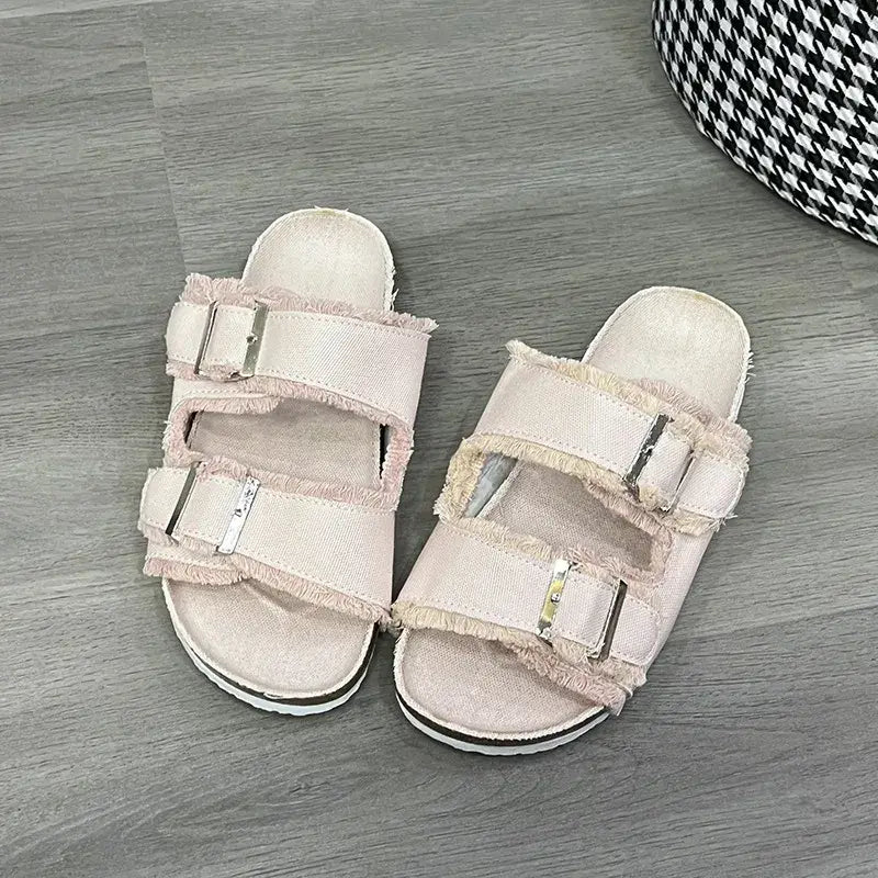 Raw Hem Open Toe Double Buckle Sandals - Trendsi - Flyclothing LLC