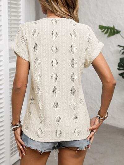 Openwork V-Neck Short Sleeve T-Shirt - Trendsi - Flyclothing LLC