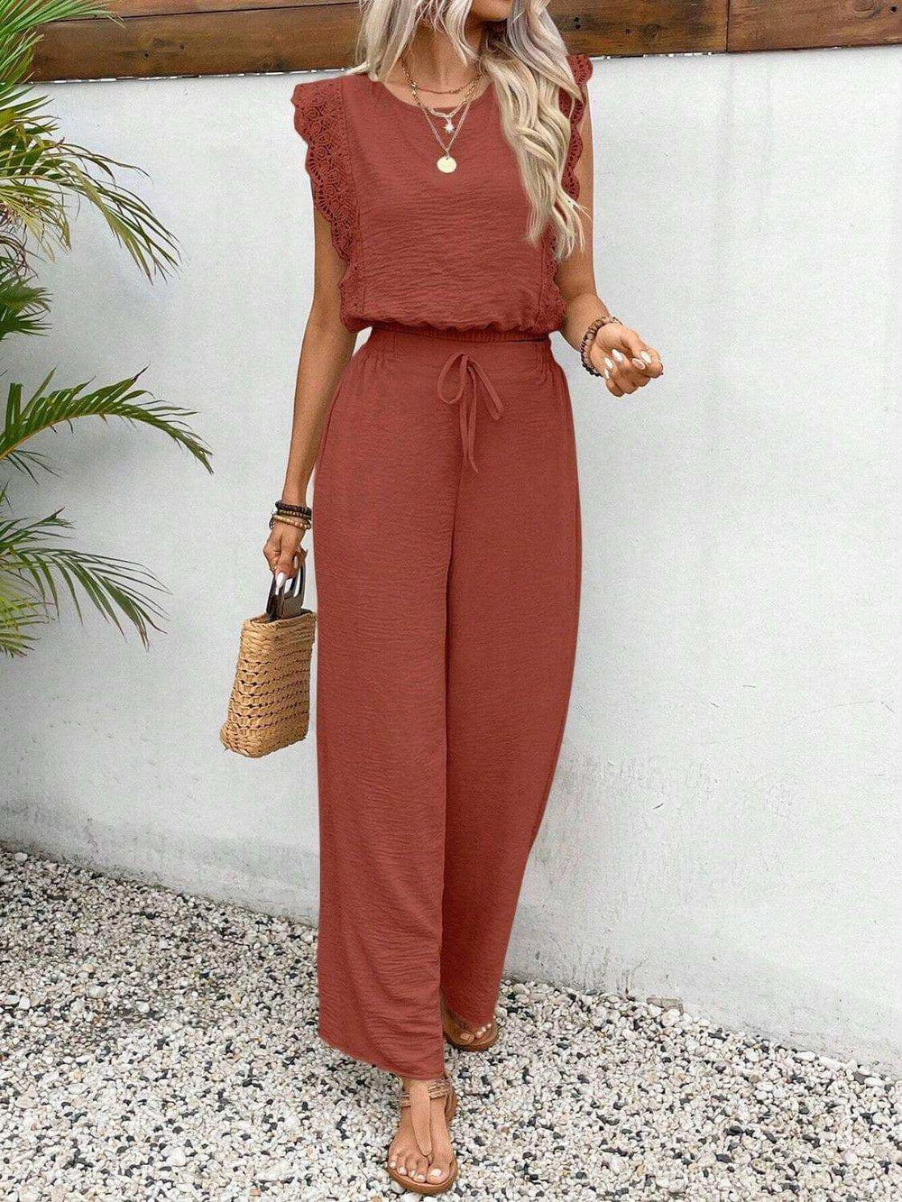 Lace Trim Round Neck Top and Pants Set - Trendsi - Flyclothing LLC