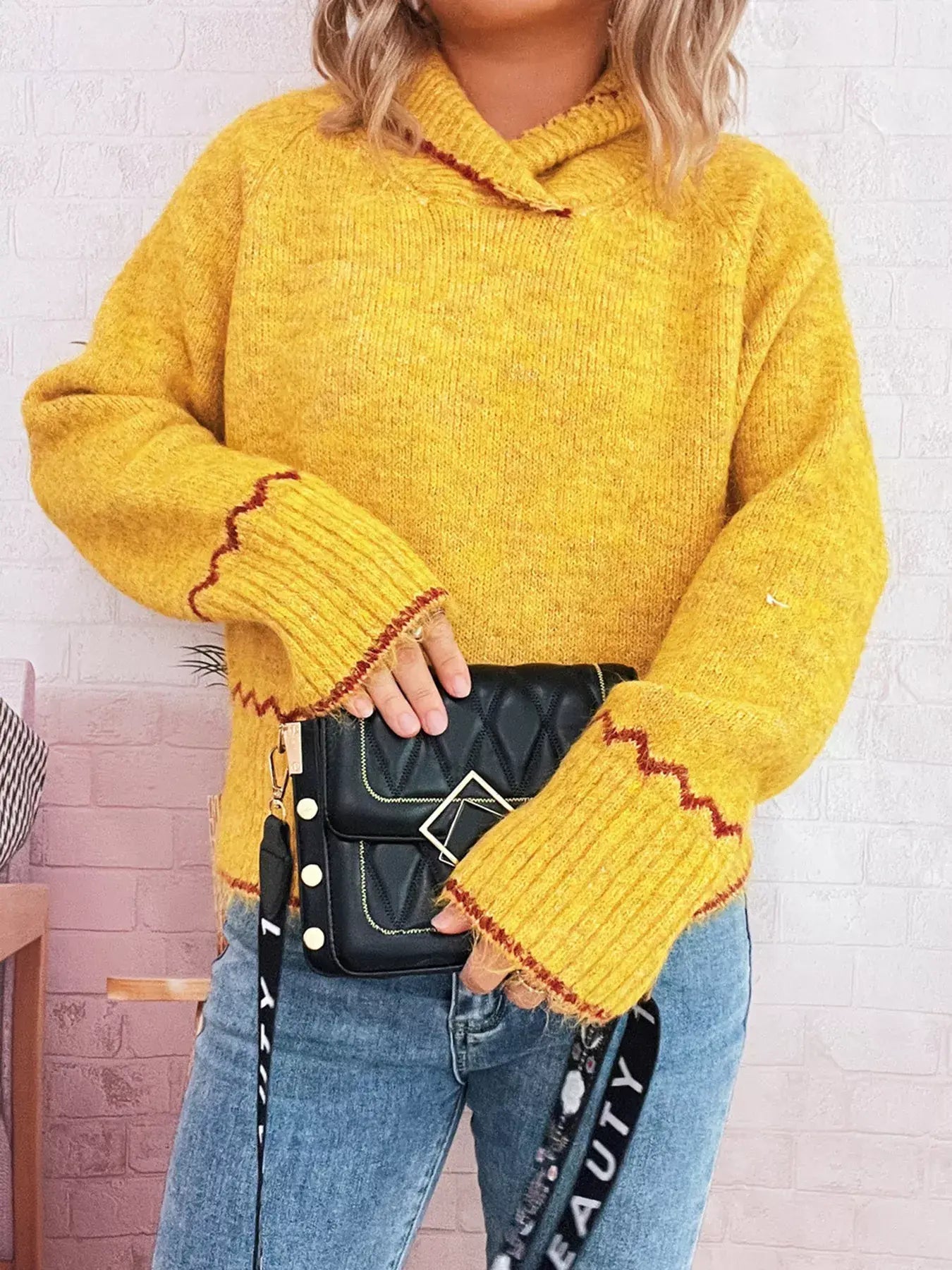 Ribbed Contrast Trim Long Sleeve Sweater - Trendsi - Flyclothing LLC