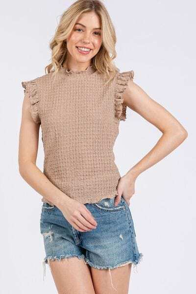 Ces Femme Texture Mock Neck Ruffle Cap Sleeve Blouse - Trendsi - Flyclothing LLC