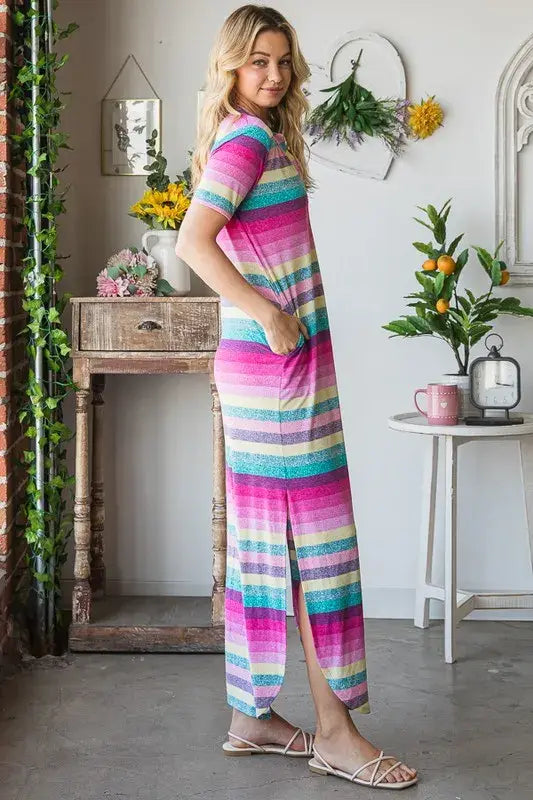 Heimish Full Size Striped Short Sleeve Maxi Tee Dress Plus Size - Trendsi - Flyclothing LLC