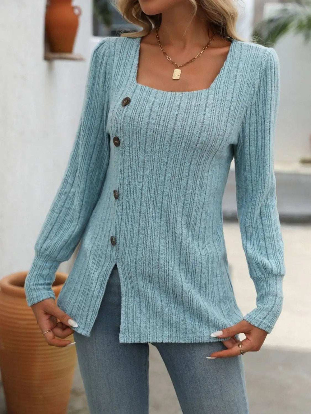 Decorative Button Striped Square Neck Long Sleeve T-Shirt - Trendsi - Flyclothing LLC